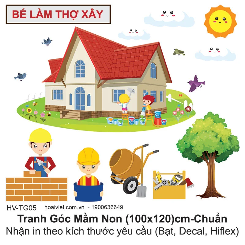 Tranh mần non Bé làm thợ xây